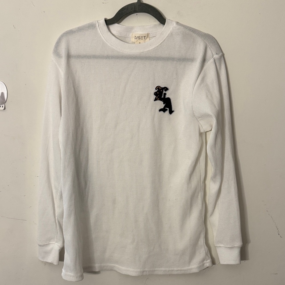 White Long-Sleeve Waffle Knit Shirt with Embroidered Logo